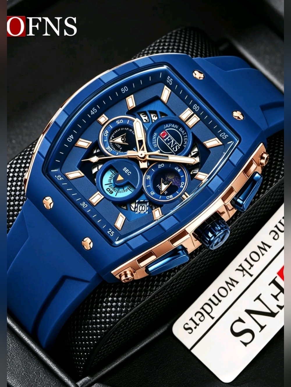 Men's square FASHION watch, high-end color scheme. Hollow Dial. Three Eyes.